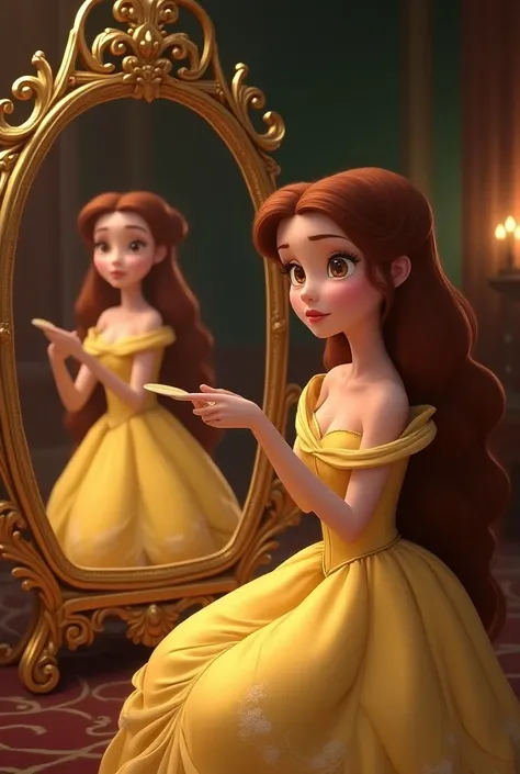 Creer une image de La Belle en train de se brosser les cheveux, devant un miroir, style disney pixar, disney 4d