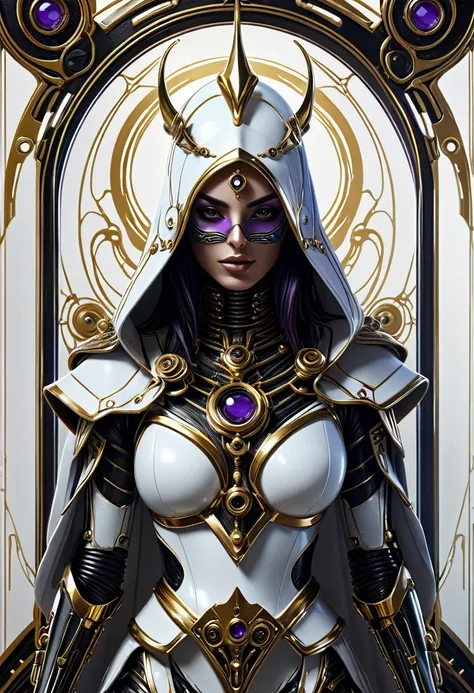 White Reaper, ( High quality , Ultra-detail, carefully with your hand )tarot card, chiaroscuro technique on sensual illustration of an queen of sword, a teenage fashion model wearing an exo-skeleton mask, vibrant colors, futuristic cyberpunk style, intrica...