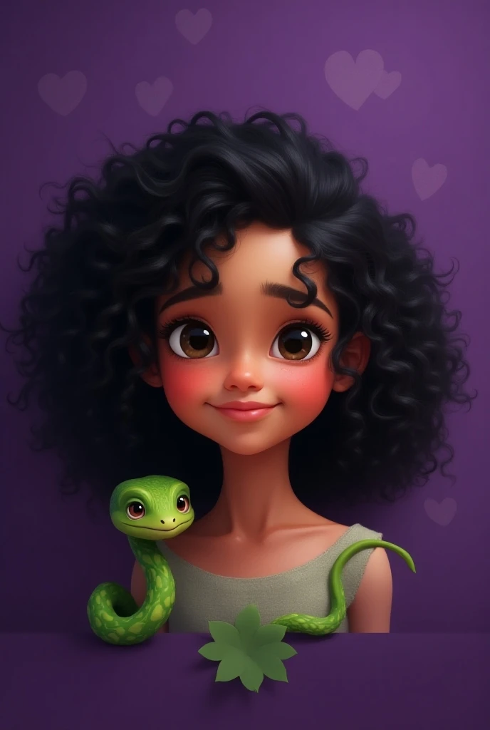 Disney Pixar style a girl with little curls with long black hair with a green leaf symbol behind her on the purple background with a pet snake