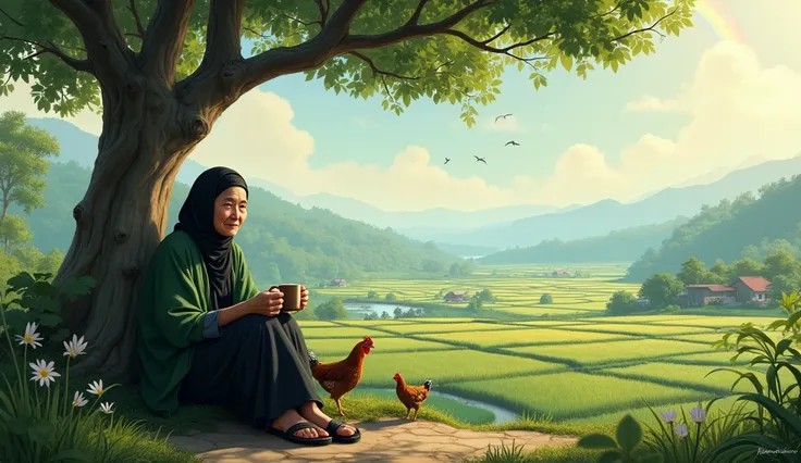 an old woman with a hijab, seen drinking tea under a big tree, long black T-shirt, black sarong, black sandals, green shawl on her shoulders, sitting cross-legged, rural atmosphere in the past, 1945, many houses, rice fields, rivers, rainbow, falling leave...