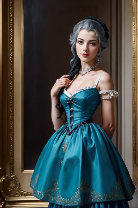 A picture of A woman in a magnificent blue dress of the 18th century, red lipstick, Arlecchino from Genshin Impact, Marie-Antoinette, 18th century, high French hairstyle with curled hair from the 1770s, grey hair, red and black eyes, a mole under the lower...