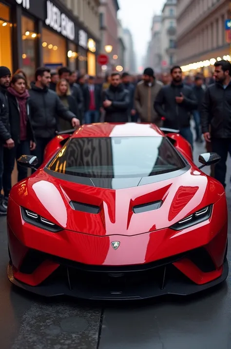 A  lamborghini car made by red apple and crowd look lamborghini 