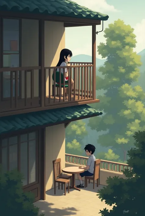  Create an art in which there are only two people ,  a girl peeking from afar at a boy sitting in a cafeteria,  but they are not in the cafeteria she is on the terrace , ok?  Preferably both white , and both straight black hair  
