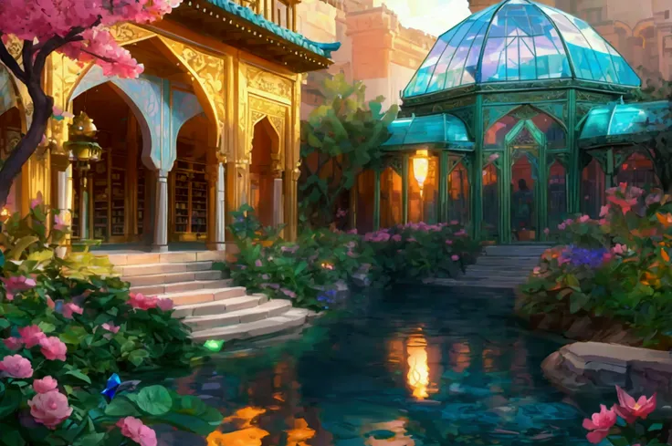 prince of persia sands of time azad, oriental city, mysterious, greenhouse cafe, library, intricate latticework, glass art, pris...