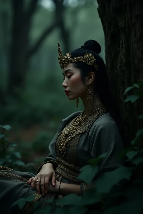 The spirit of a beautiful looking Thai woman dressed in ancient warrior clothes is sleeping in the forest. The forest conditions are scary forest, dark night, horror genre. Full​ body