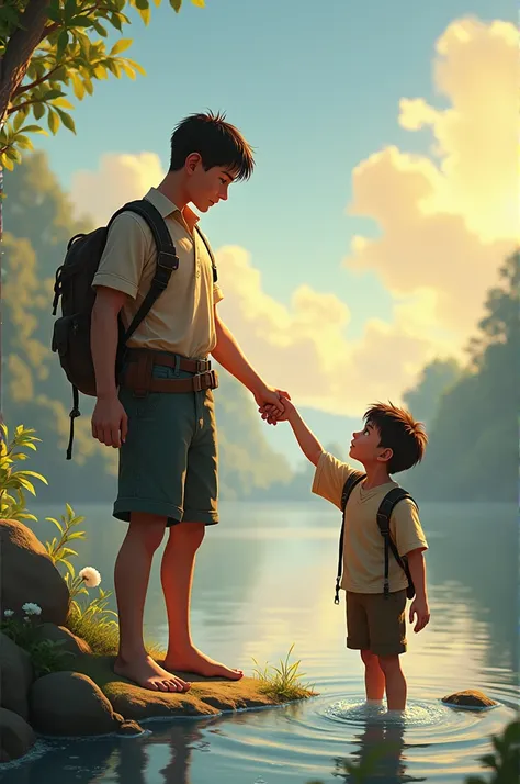 An image depicting the older boy (Character 1) extending a helping hand towards the younger boy (Character 2) as he stands by the river, showcasing bravery and friendship