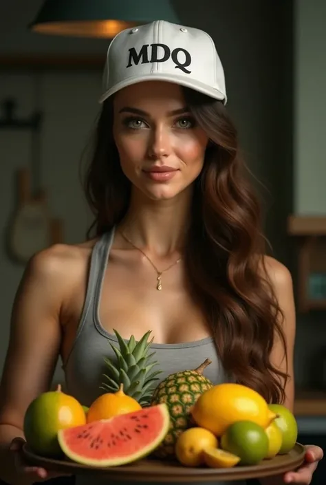 a beautiful female chef with long flowing hair, totally nude witha a cap with the name MDQ, she is holding a large  tray with entire tropical fruits, realistic photographic style, green eyes, high detail, 8k, masterpiece, (best quality,4k,8k,highres,master...