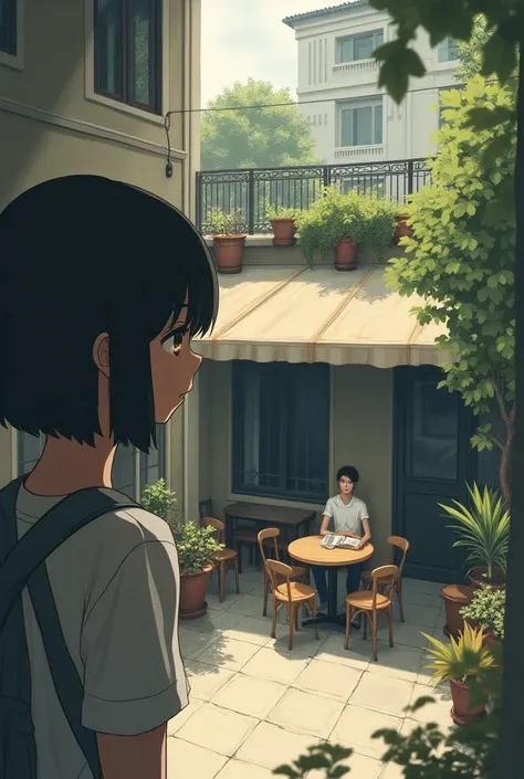  Create an art in which there are only two people ,  a girl peeking from afar at a boy sitting in a cafeteria,  but they are not in the cafeteria she is on the terrace , ok?  Preferably both white , and both straight black hair  
