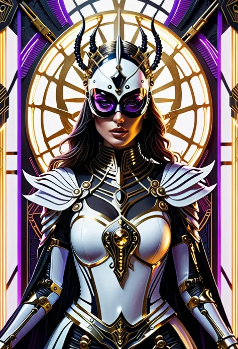 White Reaper, ( High quality , Ultra-detail, carefully with your hand )tarot card, chiaroscuro technique on sensual illustration of an queen of sword, a teenage fashion model wearing an exo-skeleton mask, vibrant colors, futuristic cyberpunk style, intrica...