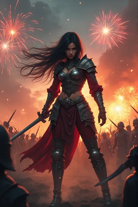 A Beautiful Sexy And Muscular Warrior With Black Hair With A Sword And Against The Background Of A Battle With Several Soldiers And With Fireworks,In a Very Realistic Manga