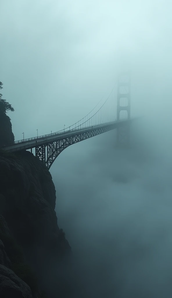 Description:  A long suspension bridge that extends into a dense fog ,  symbolizing the journey into the unknown and the constant effort to move forward without clearly seeing the destination.
emotions: uncertainty, determination, Move forward despite adve...