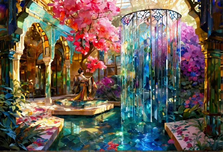 Prince of Persia Sands of Time Azad, oriental city, mysterious, greenhouse cafe, library, mirror mosaic, intricate latticework, glass art, prismatic, prism, crystal bead curtain, light installation, dark, flowing silk curtains, dichroic glass greenhouse, f...