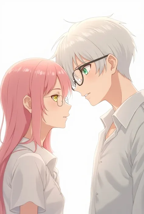 Young male couple, left, pink hair, yellow eyes, short, long hair like a woman, wearing glasses, right, handsome white hair, green eyes, wearing glasses, anime style, white background