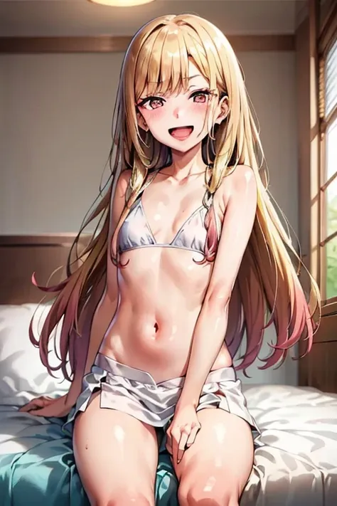 ((Best Quality)), ((masterpiece)), (be familiar with),  perfect face, indoor, bedroom, Watching the audience,
One woman, Kitagawa Marin,
Open Mouth, Ecstatic expression, blush, smile,
Small breasts,  flat chest, , , , Girl,
Long Hair, Long Hair,
Leg spread...