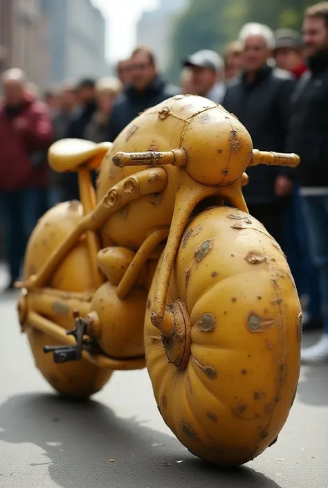 High model bike  made from potato and people are watching it