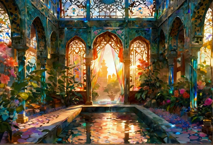 Prince of Persia Sands of Time Azad, oriental city, mysterious,greenhouse cafe, persian palace, intricate latticework, glass art, prismatic, prism, crystal bead curtain, light installation, dark, flowing silk curtains, dichroic glass greenhouse, faceted gl...