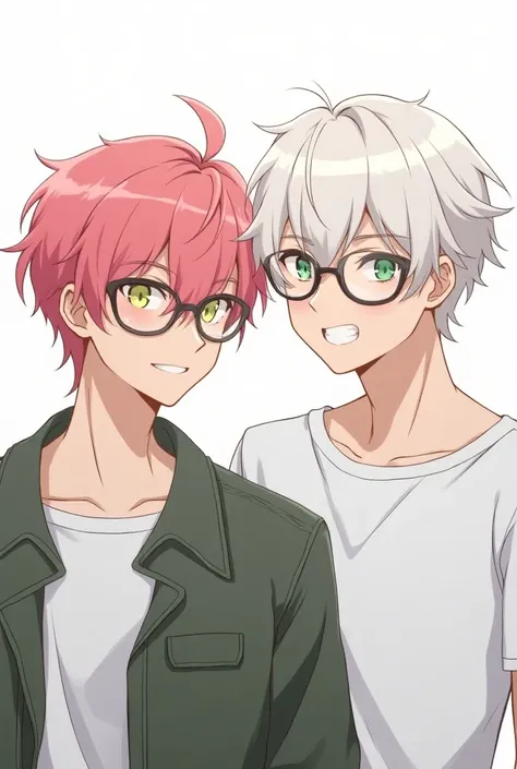 Young male couple, left, pink hair, yellow eyes, long short hair, wearing glasses, right, handsome, white hair, green eyes, wearing glasses, white background anime drawing style