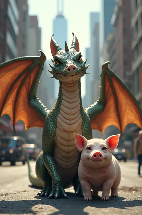 Real Dragon and pig standing near in city 