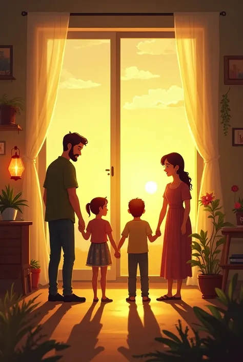  A family of four sitting together in a warm living room, sunlight filtering through the window. Each member holds a representation of their dream.
Slide 2:
Image: The youngest  dreams of becoming an astronaut, with a window behind showing stars. The older...