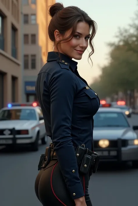 Create a photorealistic 8K high resolution digital painting of Jennifer Garner in police officer uniform (beautiful and hot). Dressed in black pants (leather) with side stripe (red), dark blue shirt (with gold buttons) very tight, black leather boots up to...