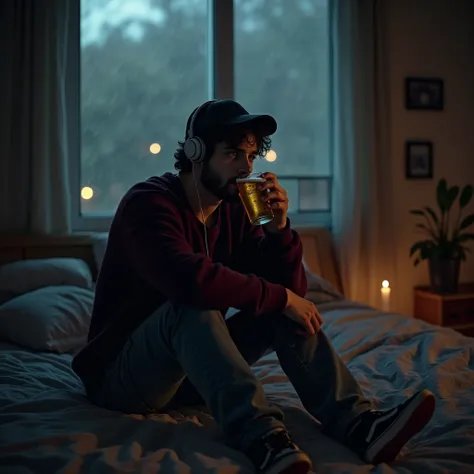 A sad boy is sitting drinking beer on his bedroom after a break up, Emo teen, drunk, black beard, hyper real stick, with Apple headphones, wearing burgundy sweater, old jeans, black Vans sneakers and a cap. t is evening and raining outside. cinematography,...