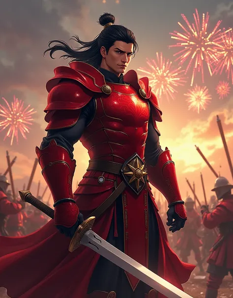 A Handsome Sexy And Muscular Black-haired Male Warrior With A Sword And With Red Armor And With The Background Of A Battle With Several Soldiers And With Fireworks,In a Very Realistic Manga 