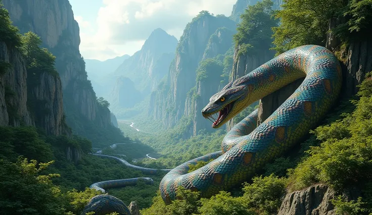 Giant snakes with large, sprawling snakes live in the mountains and forests，（ best quality on the tree，4K，8k， High Resolution，masterpiece：1.2），Super details