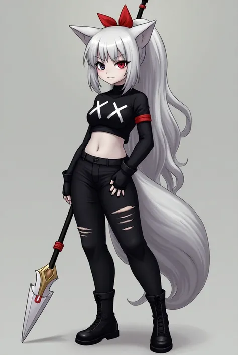 Make a young-looking woman , light gray fur,  long white hair with a gray part at the ends ,  a ponytail with a vibrant red bow ,  the left eye black with a red iris and a black pupil ,  and the right eye being marked by a black x a white fringe with two g...