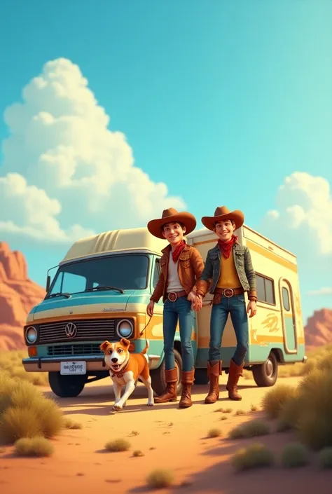 A happy cowboy couple with their dog and van carrying an RV 