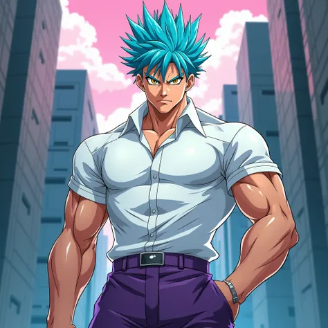 Make a brutal young man half, he has blue hair spiky up like Hisoka and like Hakari Kinji, he has orange slanted eyes, white shirt and purple pants, slim defined body, and he has short sleeve shirt, brutal man... he has spiky hair up without bangs too, whi...