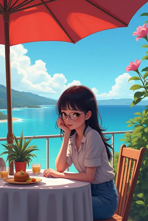 bright colors,  complex details, there is, sh1k, a girl with beautiful hair with glasses sits at a table under an umbrella sea v...