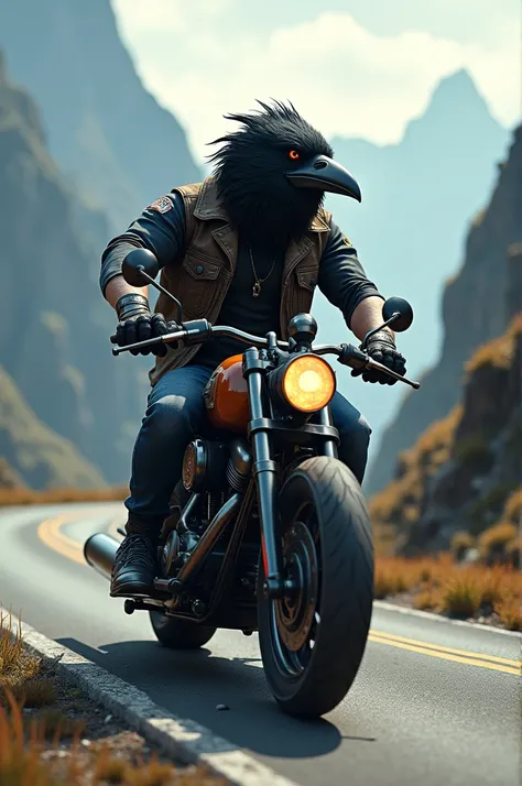 Humanized crow riding a chopper bike on a mountainous road, leather vest