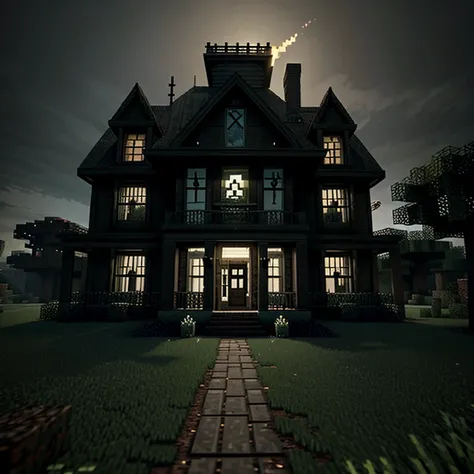 Minecraft for horror stories WITH A SINISTER HOUSE with a realistic crepper in the image