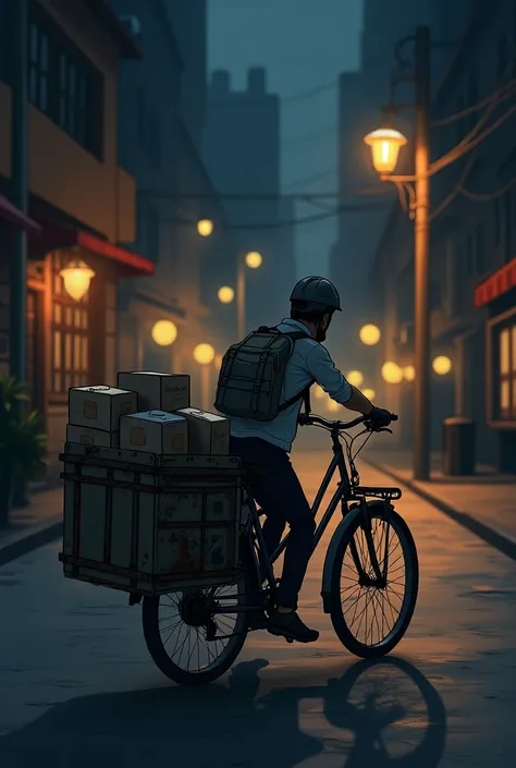 Illustration of a delivery bike stopped at night 