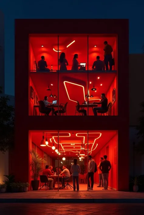 Create a Company called Ecoa Brasil With red themes and well lit, as if it were an office and with people working tonight, take a look from the outside