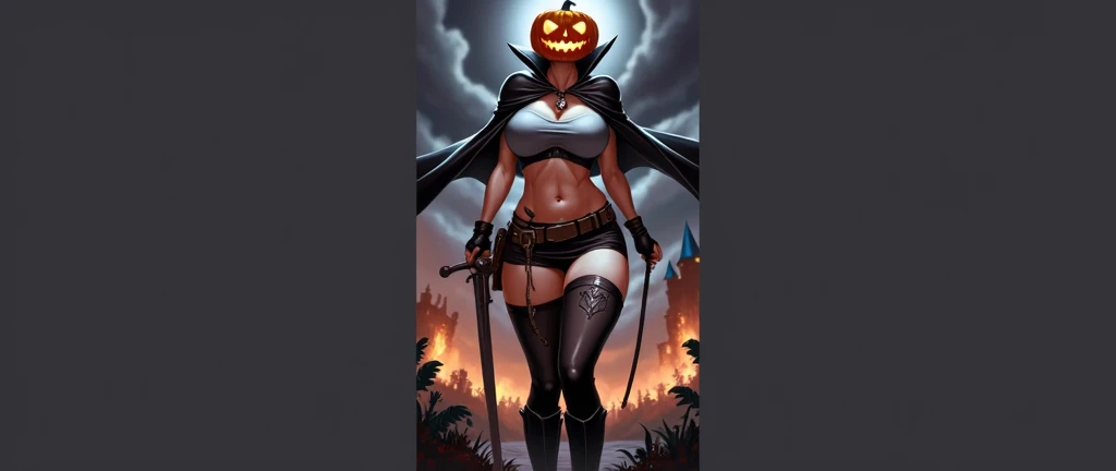 A sexy woman (age 25, gorgeous butt, large perky breasts, toned belly, hourglass figure, role of headless horseman, black cape, soldier shirt unbuttoned revealing her evil chest and belly tattoo, breasts covered by crop top SFW, breasts covered by crop top...