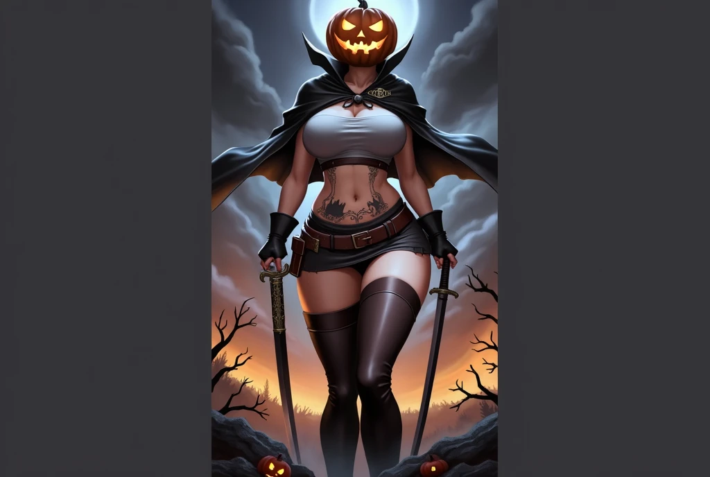 A sexy woman (age 25, gorgeous butt, large perky breasts, toned belly, hourglass figure, role of headless horseman, black cape, soldier shirt unbuttoned revealing her evil chest and belly tattoo, breasts covered by crop top SFW, breasts covered by crop top...