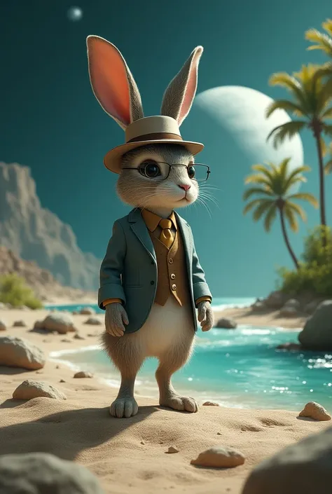 An elderly rabbit , WITH AN ELEGANT HAT,  walking on two legs ,  with a monocle in each eye , on the surface of the Moon,  that is divided into two parts :  one half is an arid moonscape and the other half is a tropical island with palm trees and blue sea.