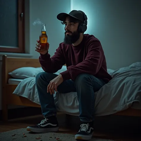 A sad boy is sitting drinking beer on his bedroom after a break up, indie boy, drunk, black beard, hyper real stick, with Apple headphones listening to Radiohead, cigarettes on the floor, smoking weed, wearing burgundy sweater, old jeans, black Vans sneake...