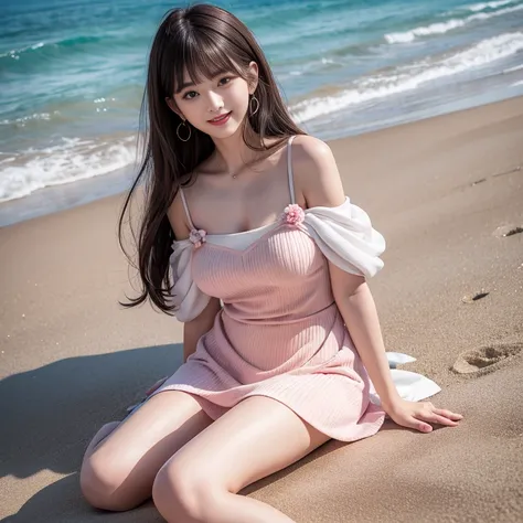 laughing out loud，Wear Korean style fashion，The skirt shows fluffy curvature，Dress with a flower ，knee shot, on the beach，1 female, light brown hair, blunt bangs, hair behind ears, Shoulder length hair, long hair, Slender body shape, 超face slimming型, face ...