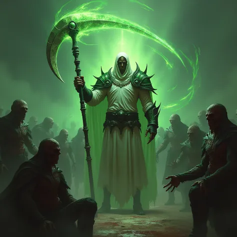 A man wearing a bone-colored white tunic with green shoulder armor resembling pauldrons, holding a large scythe in one hand. He exudes glowing green energy that swirls around him, giving off a powerful and ominous aura. Surrounding him are grotesque soldie...