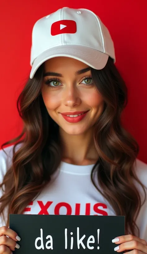 woman 20 years old, huge breasts,  long brown hair , big green eyes, big eyelashes,  full lips, flirtatious smile, natural makeup, white top with the legend "Mexico News " in red letters, The white cap with the YouTube logo ,  has a black sheet of paper wi...