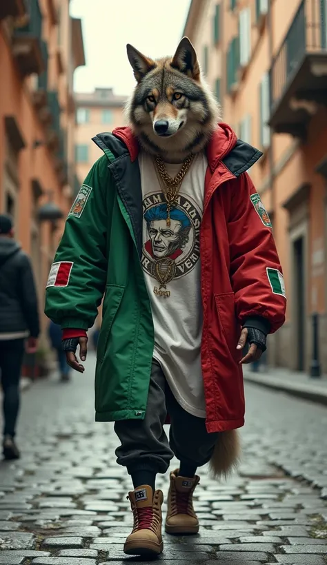 A powerful hybrid wolf representing Italy, dressed in a streetwear rapper style with prints of the Italian flag. The wolf walks through the historic streets of Rome, with ancient ruins and street art in the background. His muscular build is emphasized with...