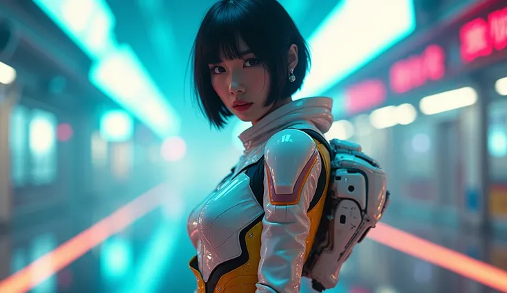 from below, Japanese woman, pretty face, short cut hair, bangs, black hair, bangs, blurred background, blur, background is future disco , chromatic aberration, knee high, looking up, motion blur, Photo_Curly, future robot armor, real Photo_Curly, blue mult...