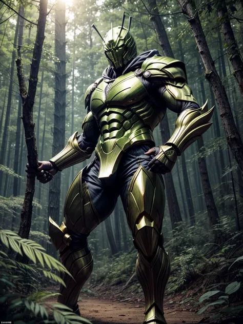 grasshopper with a human body, muscular and spartan armor, with claws and strong legs. With a forest at the background