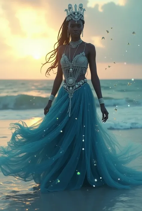 "Create a hyper-realistic, cinematic depiction of Yemanjá, the African orixá of the sea in Candomblé. She appears as a regal African woman with smooth, dark skin and a serene, powerful expression. Yemanjá wears a flowing, full-length gown that covers her e...