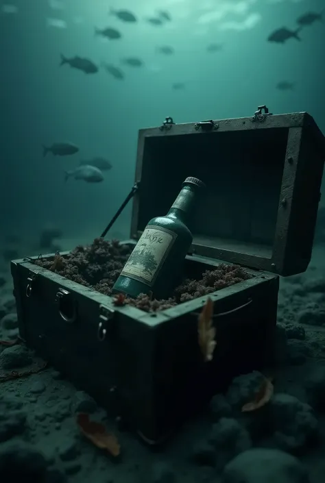  bottle inside pirate chest on the bottom of the sea realistic image, with mysterious atmosphere 