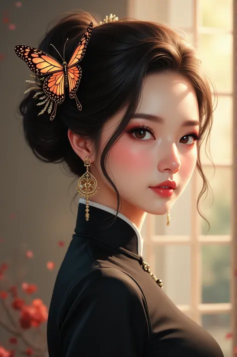 butterfly hair ornament,
(Black cheongsam:1.28),
lady,mature female, cowboy shot,
highres,official art,original,masterpiece,best quality,
(large breasts),
