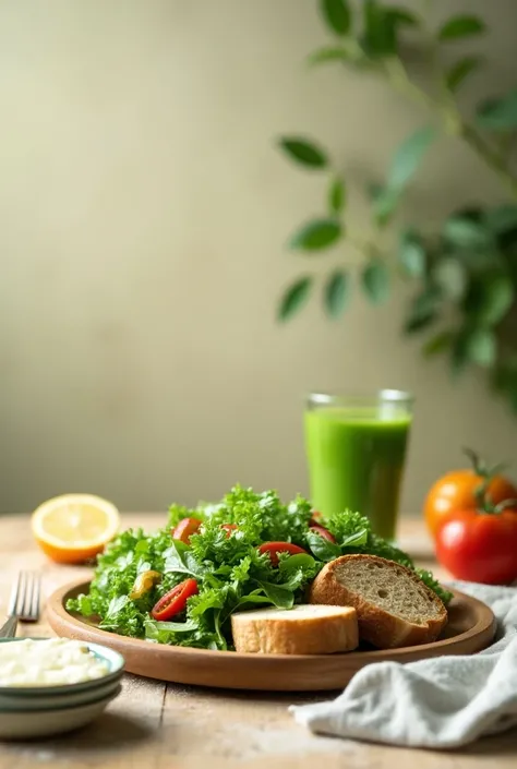  Table with salad snack with whole wheat bread , white cheese on the plate and green juice 