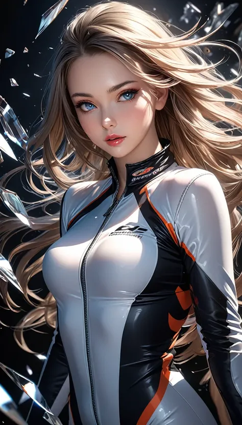 looking back, cool beauty racer, glossy silky hair, forehead, makeup, amorous and lewd expression, cortesy, elegance, dignity, captivating eyes, curvaceous, wearing tight-fitting racing suit with zipper down, open your chest wide, background shattered glas...